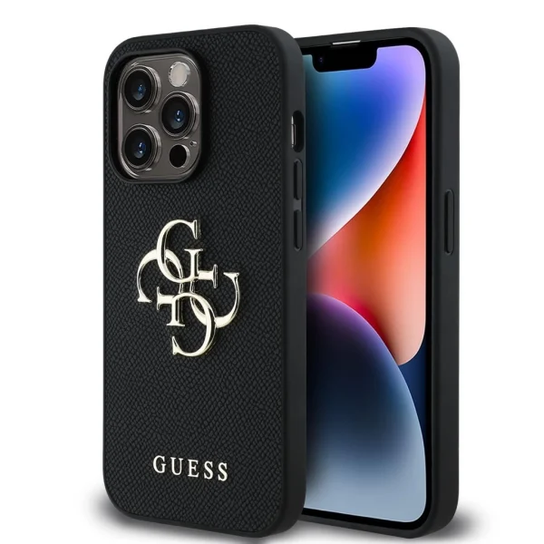 Guess PU Grained 4G Metal Logo tok iPhone 14 Pro készülékhez fekete