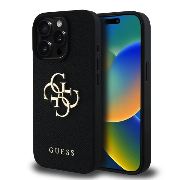 Guess PU Grained 4G Metal Logo tok iPhone 15 Pro készülékhez fekete