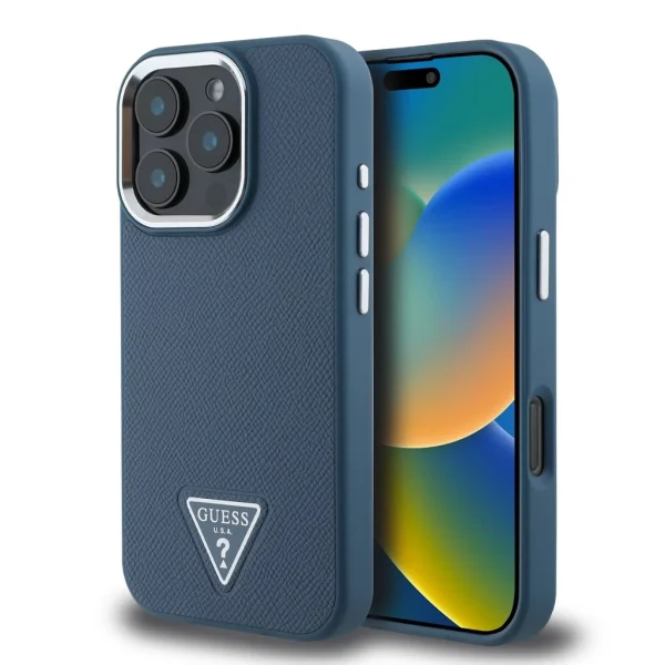 Guess PU Grained Triangle Logo tok iPhone 16 Pro Max készülékhez kék