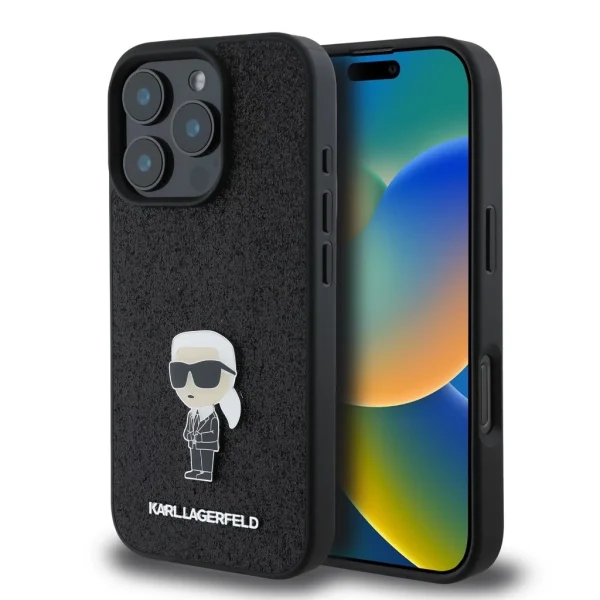 Karl Lagerfeld Fixed Glitter Metal Ikonik tok iPhone 16 Pro Max készülékhez fekete