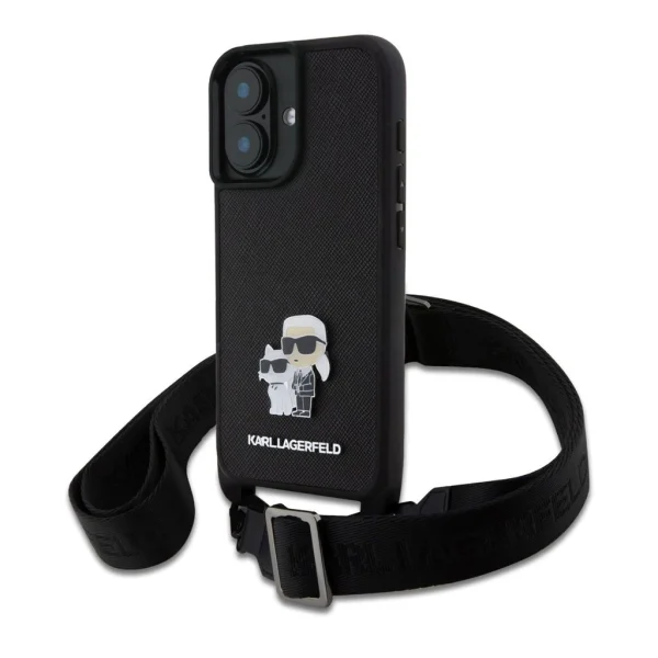 Karl Lagerfeld Saffiano Crossbody Strap Metal Karl and Choupette tok iPhone 16 készülékhez fekete