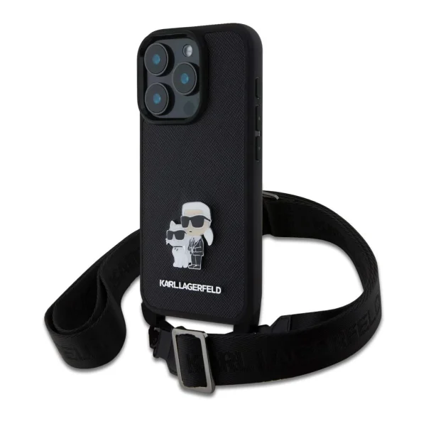 Karl Lagerfeld Saffiano Crossbody Strap Metal Karl and Choupette tok iPhone 16 Pro Max készülékhez fekete