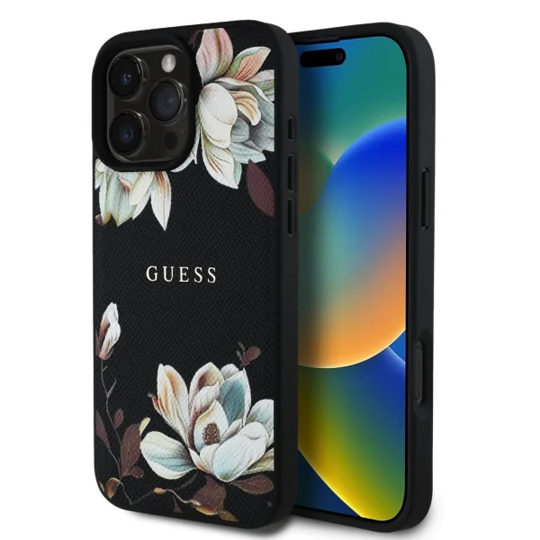 Guess PU texturált Magnolia MagSafe tok iPhone 16 Pro készülékhez fekete