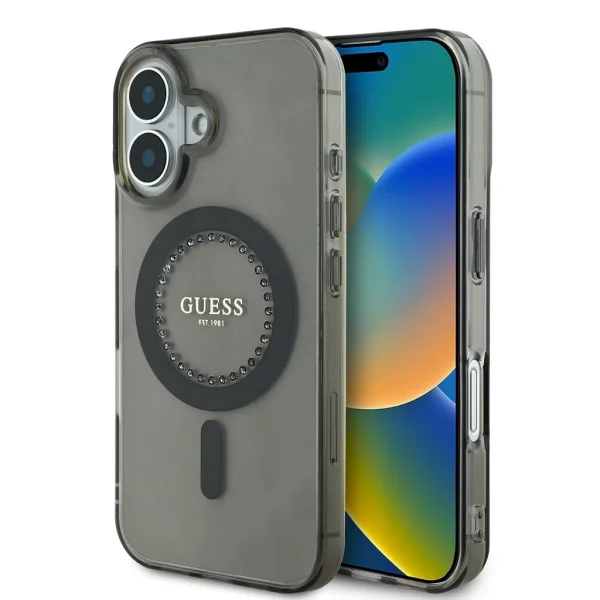 Guess IML Rhinestones Ring MagSafe tok iPhone 16 készülékhez fekete
