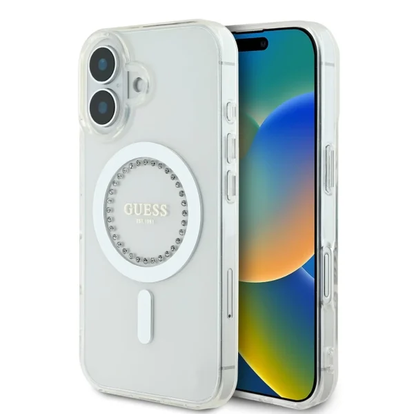 Guess IML Rhinestones Ring MagSafe tok iPhone 16 készülékhez fehér