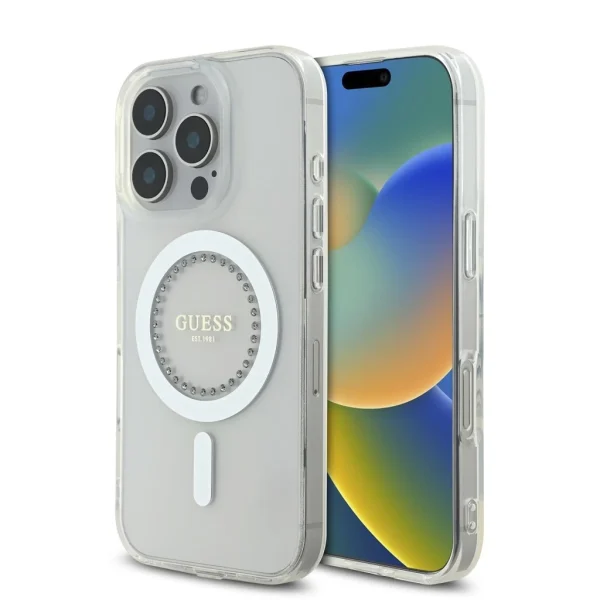 Guess IML Rhinestones Ring MagSafe tok iPhone 16 Pro készülékhez fehér
