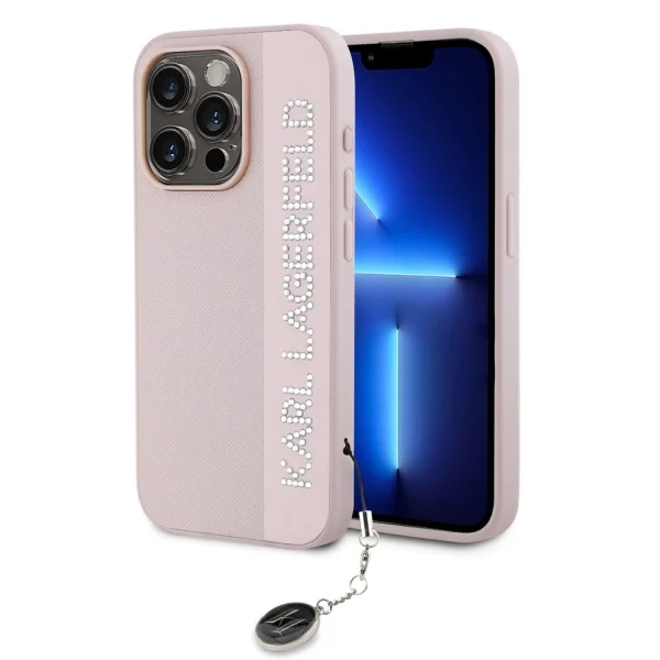 Karl Lagerfeld PU Saffiano Rhinestone Charm tok iPhone 15 Pro Max készülékhez rózsaszín