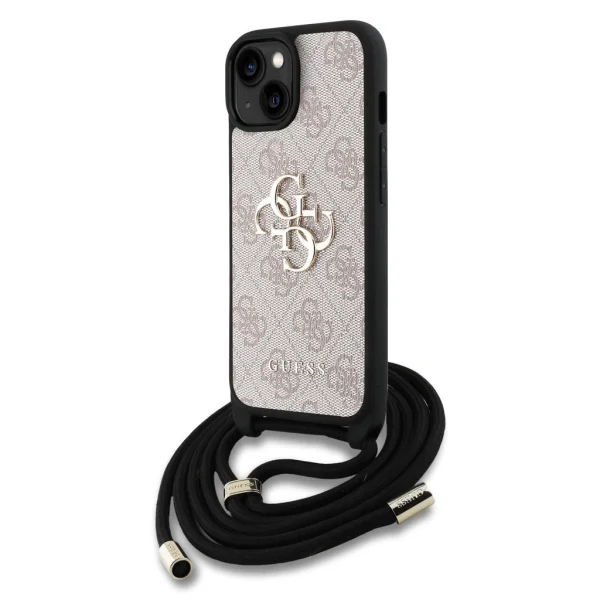 Guess PU 4G Metal Logo vállpántos tok az iPhone 15 készülékhez rózsaszín