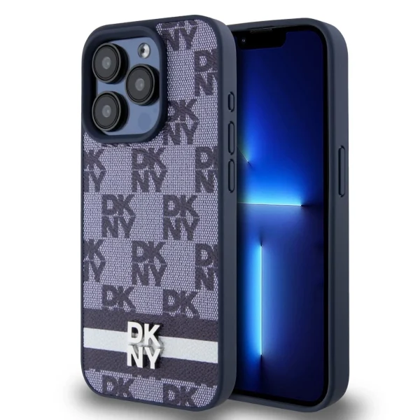 DKNY PU Leather Checkered Pattern and Stripe tok iPhone 15 Pro készülékhez kék