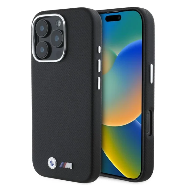 BMW M PU Kevlar Metal Logo tok iPhone 16 Pro Max készülékhez fekete