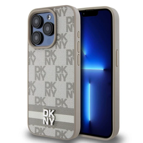 DKNY PU Leather Checkered Pattern and Stripe tok iPhone 15 Pro készülékhez bézs