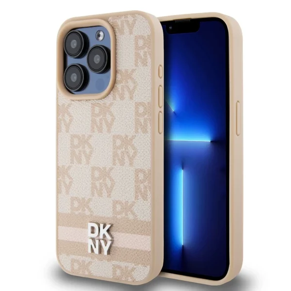 DKNY PU bőr Checkered Pattern and Stripe tok az iPhone 13 Pro készülékhez rózsaszín