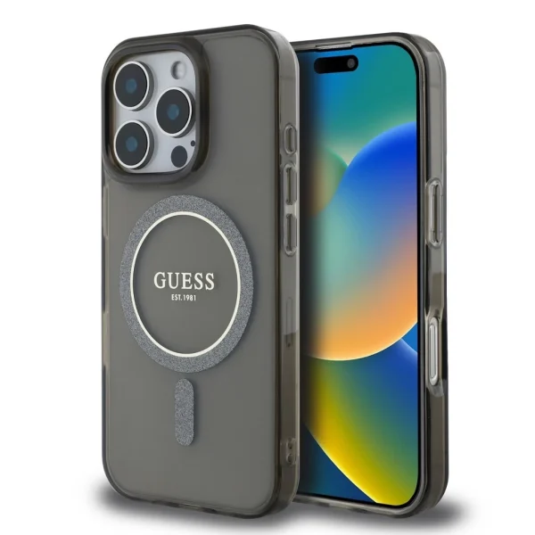 Guess IML Glitter Ring MagSafe tok iPhone 16 Pro készülékhez fekete