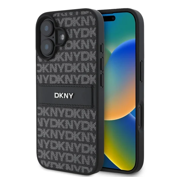 DKNY PU Leather Repeat Pattern Tonal Stripe tok iPhone 16 Plus készülékhez fekete