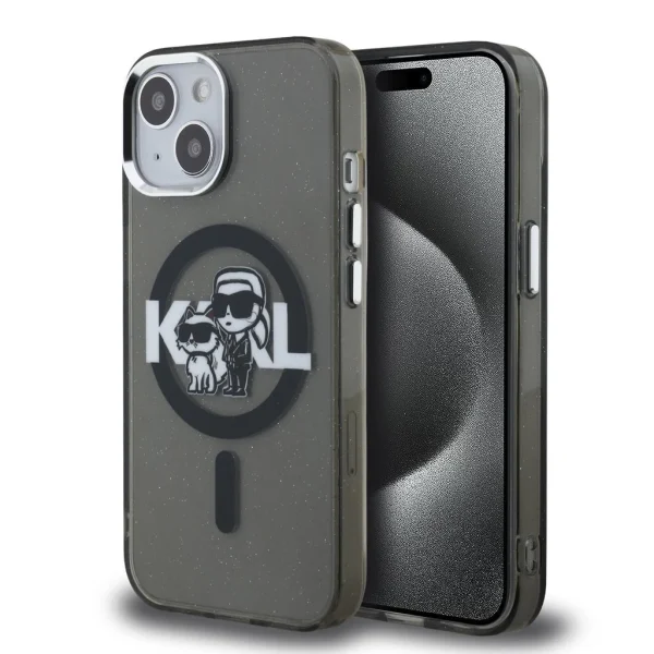 Karl Lagerfeld IML Glitter Karl and Choupette Sketch MagSafe tok iPhone 15 készülékhez fekete