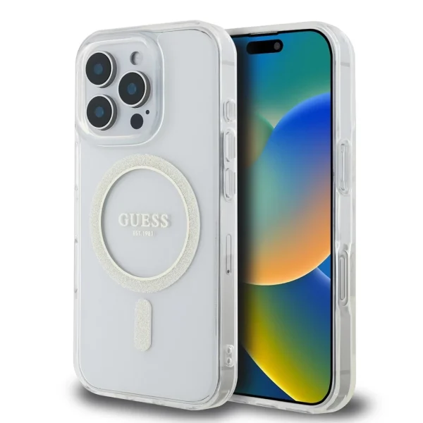 Guess IML Glitter Ring MagSafe tok iPhone 16 Pro készülékhez átlátszó