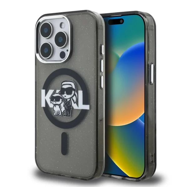 Karl Lagerfeld IML Glitter Karl and Choupette Sketch MagSafe tok iPhone 15 Pro készülékhez fekete