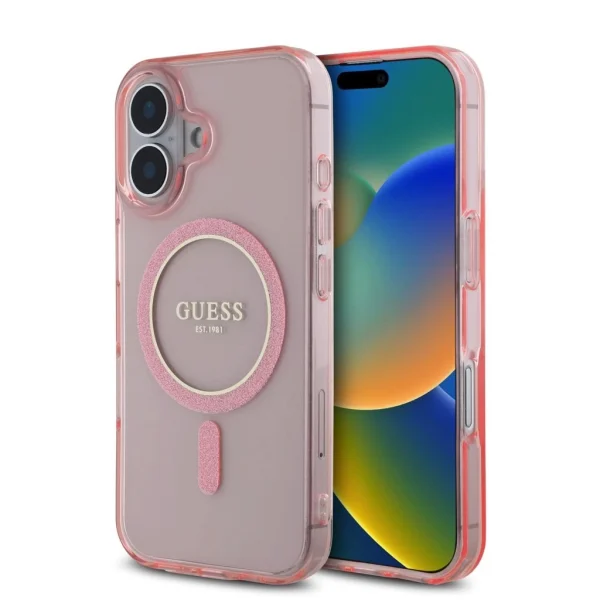 Guess IML Glitter Ring MagSafe tok iPhone 16 készülékhez rózsaszín