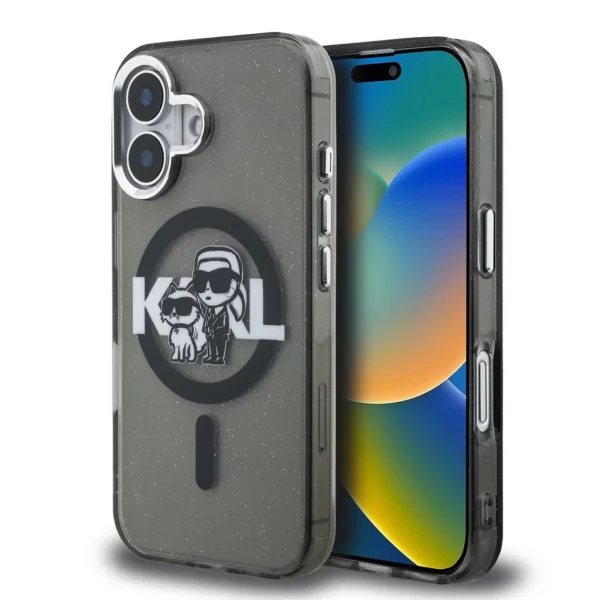 Karl Lagerfeld IML Glitter Karl and Choupette Sketch MagSafe tok iPhone 16 készülékhez fekete