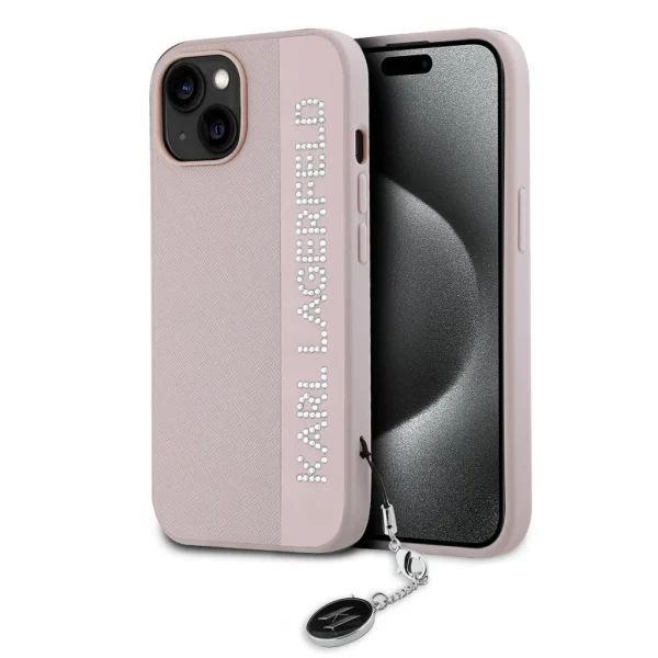 Karl Lagerfeld PU Saffiano Rhinestone Charm tok iPhone 15 készülékhez rózsaszín