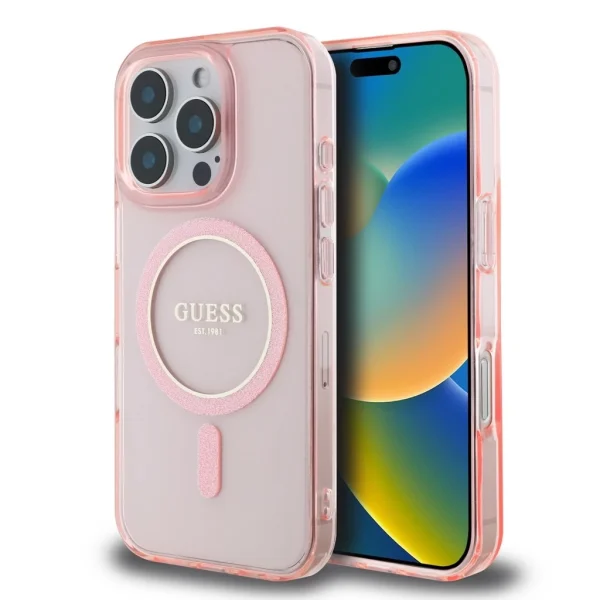 Guess IML Glitter Ring MagSafe tok iPhone 16 Pro készülékhez rózsaszín