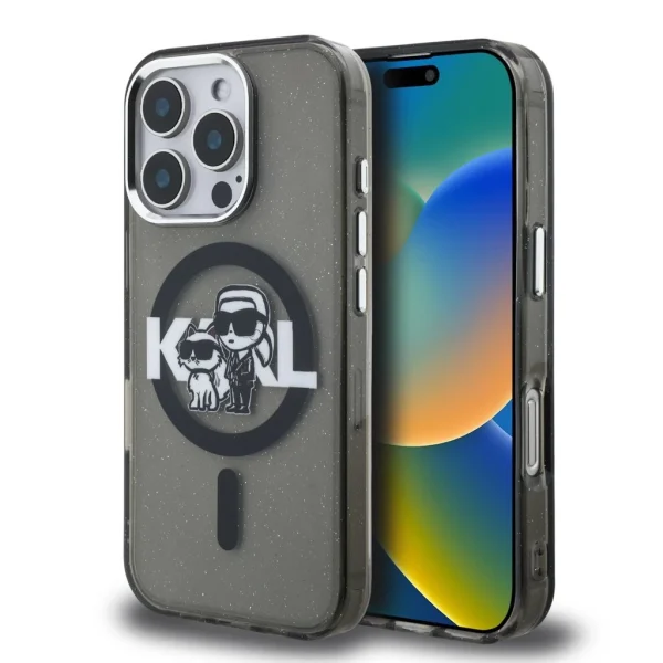 Karl Lagerfeld IML Glitter Karl and Choupette Sketch MagSafe tok iPhone 16 Pro készülékhez fekete