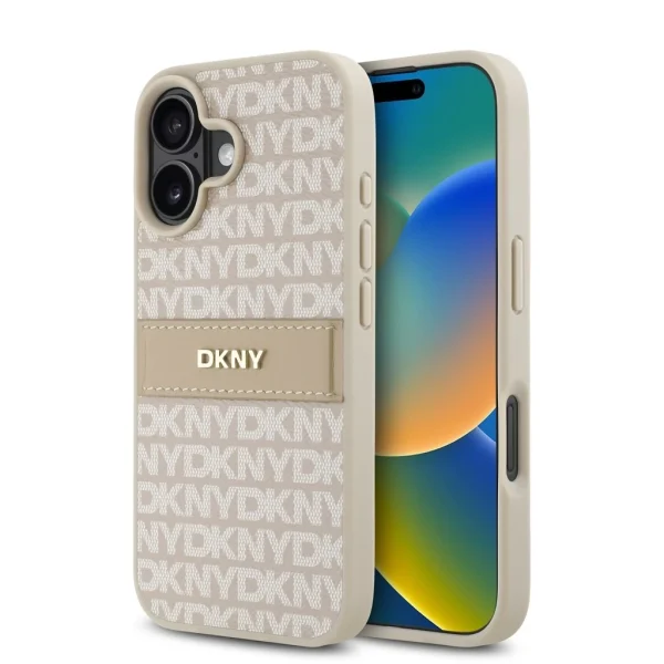 DKNY PU bőr ismétlődő minta Tonal Stripe tok iPhone 16 készülékhez rózsaszín