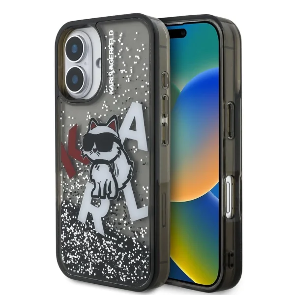 Karl Lagerfeld Liquid Glitter Scattered Choupette tok iPhone 16 készülékhez fekete