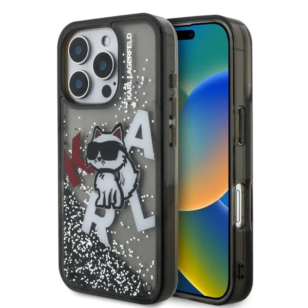 Karl Lagerfeld Liquid Glitter Scattered Choupette tok iPhone 16 Pro készülékhez fekete