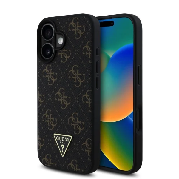 Guess PU Leather 4G Triangle Metal Logo tok iPhone 16 készülékhez fekete
