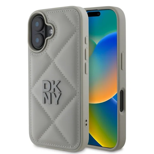 DKNY PU bőr Quilted Stack Logo tok iPhone 16 Plus készülékhez szürke