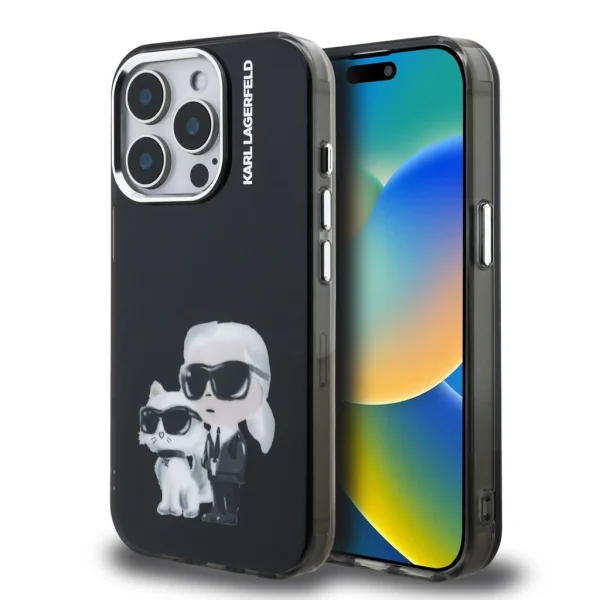 Karl Lagerfeld IML Aquarelle Karl and Choupette tok iPhone 15 Pro készülékhez fekete