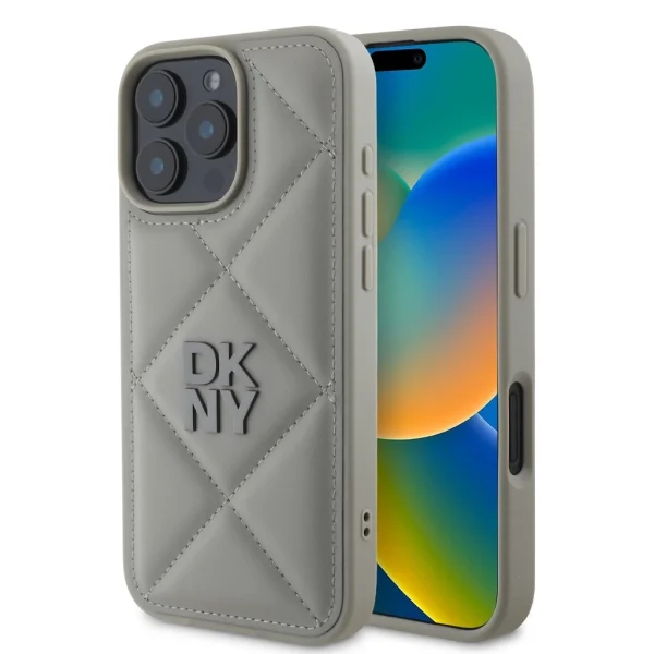 DKNY PU bőr Quilted Stack Logo tok iPhone 16 Pro készülékhez szürke