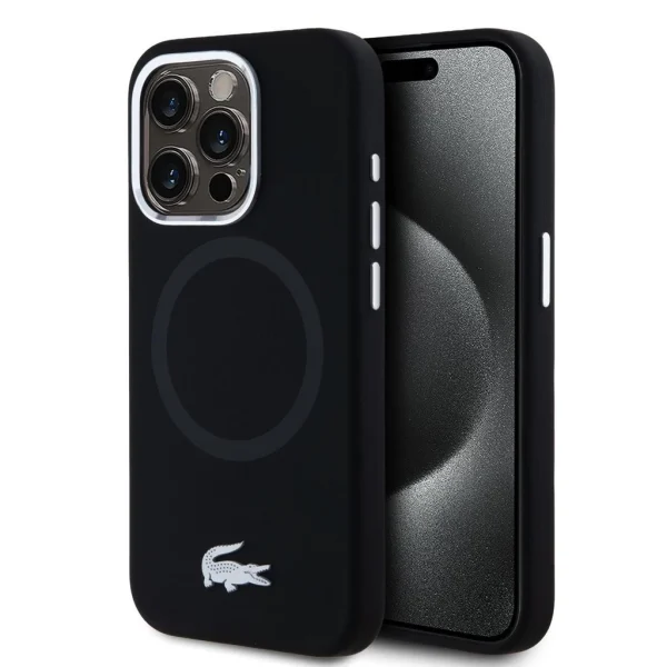 Lacoste Liquid Silicone Microfiber Silver Croc Logo MagSafe tok iPhone 15 Pro készülékhez fekete