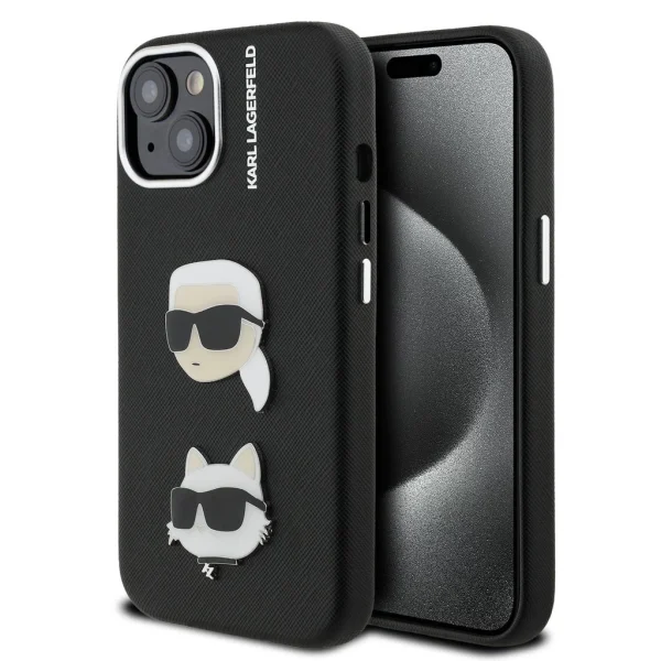 Karl Lagerfeld Grained PU K&CH Heads tok iPhone 15 készülékhez fekete