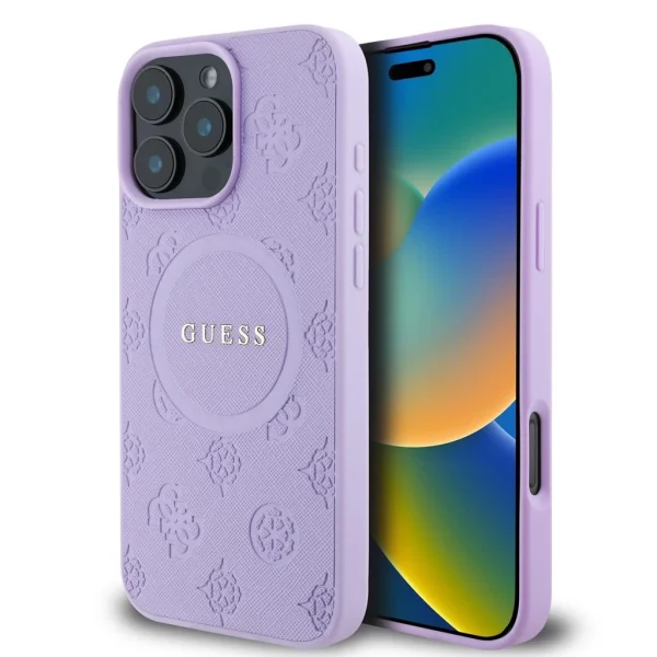 Guess Saffiano Peony Stamp MagSafe tok iPhone 16 Pro készülékhez lila
