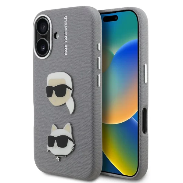 Karl Lagerfeld Grained PU K&CH Heads tok iPhone 16 készülékhez szürke
