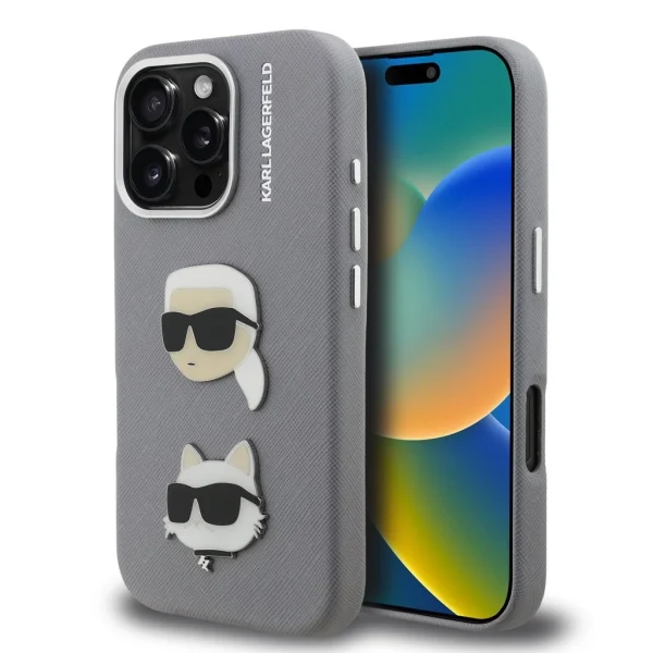 Karl Lagerfeld Grained PU K&CH Heads tok iPhone 16 Pro Max készülékhez szürke