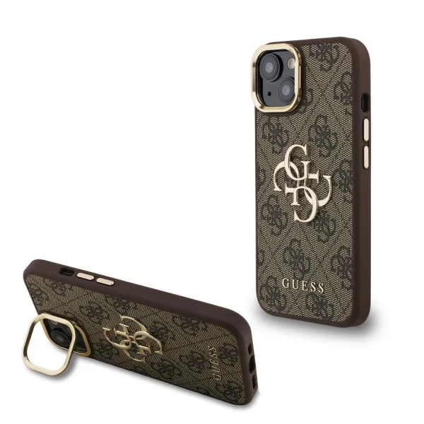 Guess PU 4G Metal Logo Stand Camera Frame tok iPhone 15 készülékhez barna