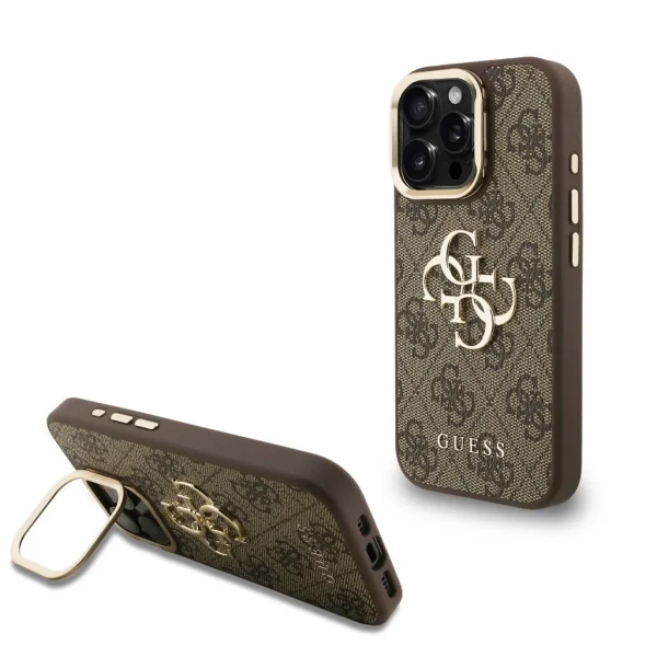 Guess PU 4G Metal Logo Stand Camera Frame tok iPhone 15 Pro Max készülékhez barna