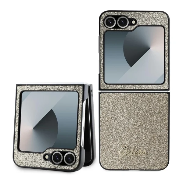 Guess PC/TPU Glitter Flakes Metal Logo tok Samsung Galaxy Z Flip 6 készülékhez arany