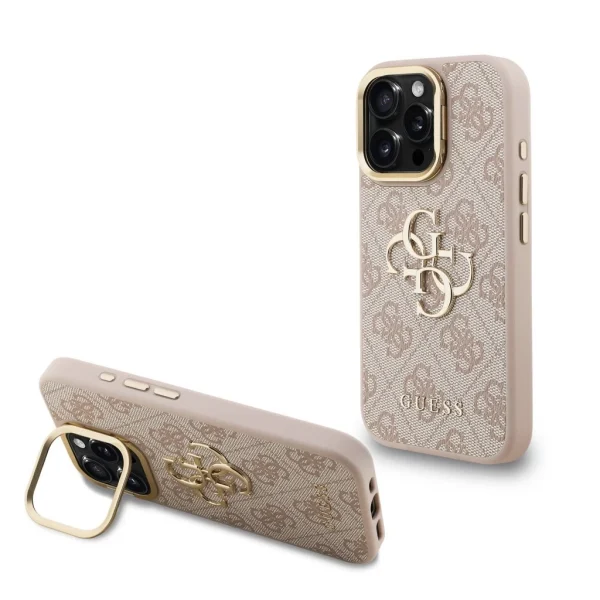 Guess PU 4G Metal Logo Stand Camera Frame tok iPhone 16 Pro készülékhez rózsaszín