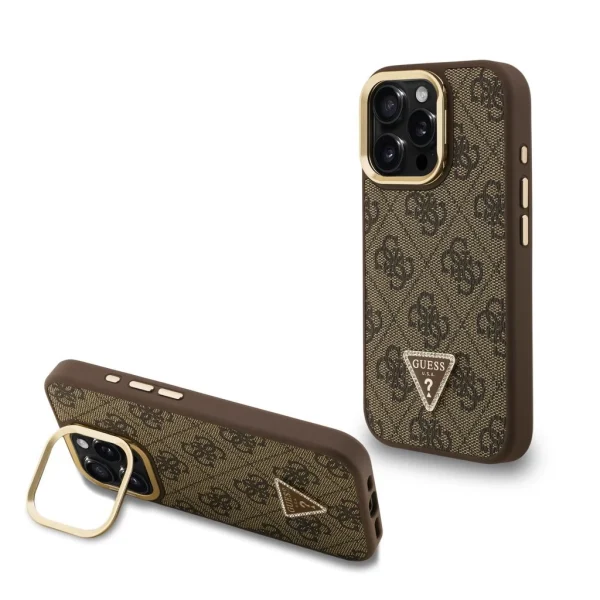 Guess PU 4G Strass Triangle Logo Stand Camera Frame MagSafe Tok iPhone 15 Pro Max készülékhez barna
