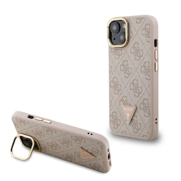 Guess PU 4G Strass Triangle Logo Stand Camera Frame MagSafe tok iPhone 14 készülékhez rózsaszín