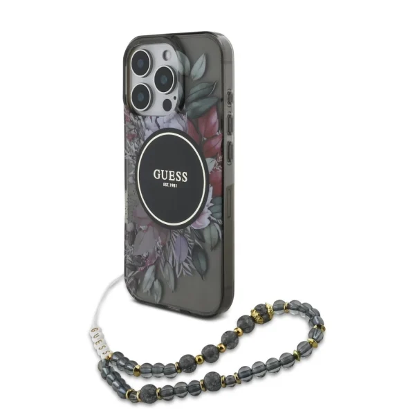 Guess IML Flowers Pearl Strap MagSafe tok iPhone 16 Pro Max készülékhez fekete