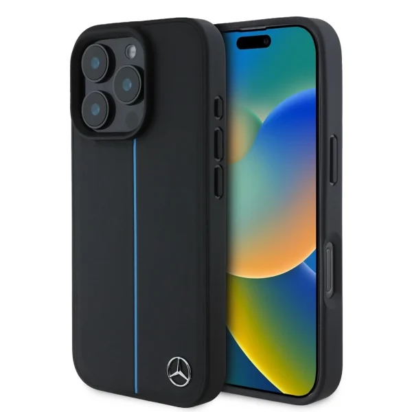 Mercedes Leather Blue Stripe MagSafe tok iPhone 16 Pro Max készülékhez fekete