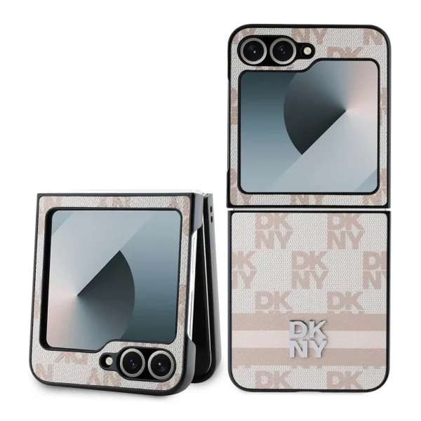 DKNY PU bőr Checkered Pattern and Stripe tok Samsung Galaxy Z Flip 6 készülékhez rózsaszín