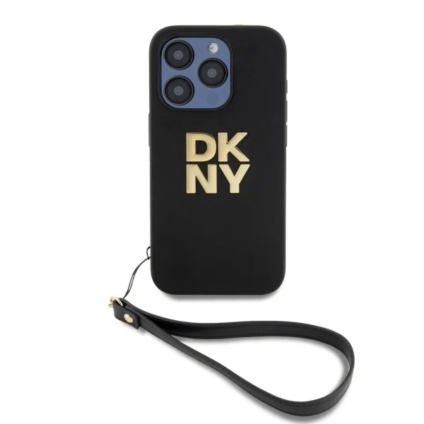 DKNY PU bőr Stack Logo csuklópántos tok iPhone 15 Pro készülékhez fekete