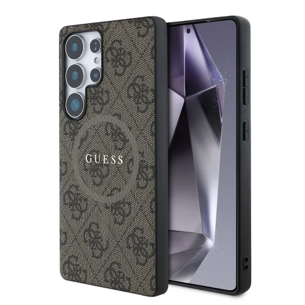Guess PU Leather 4G Colored Ring MagSafe tok Samsung Galaxy S25 Ultra készülékhez barna
