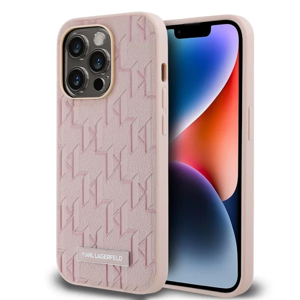 Karl Lagerfeld PU bőr Monogram Metal Logo MagSafe tok iPhone 14 Pro Max készülékhez rózsaszín